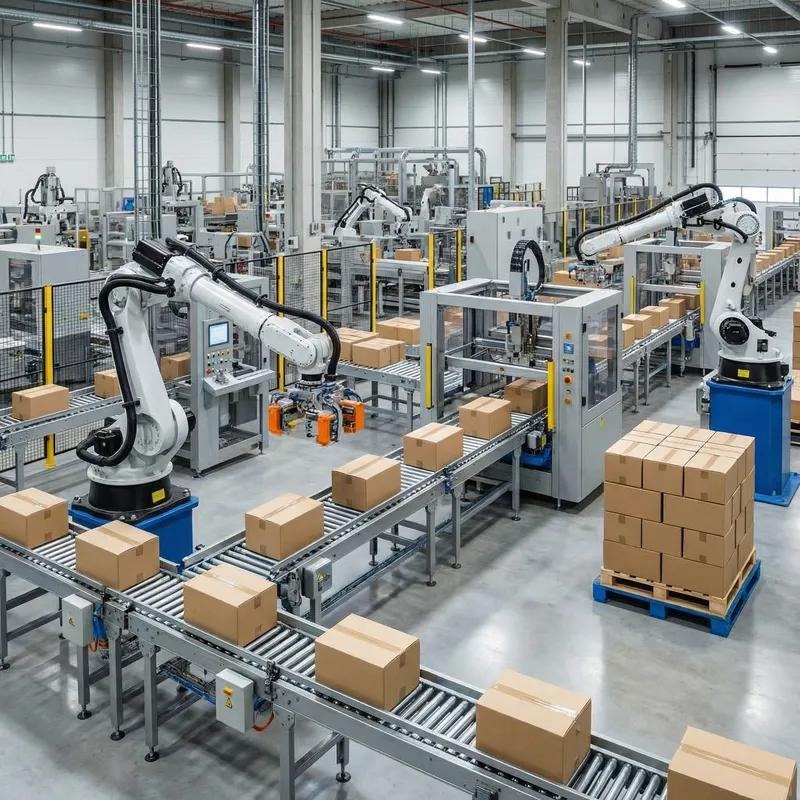 Robotic arms and roller conveyors on an automated packaging line