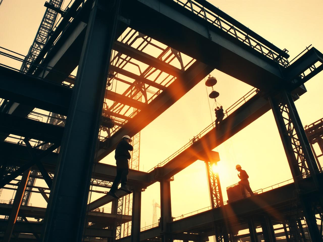 Structural steel erection at sunset
